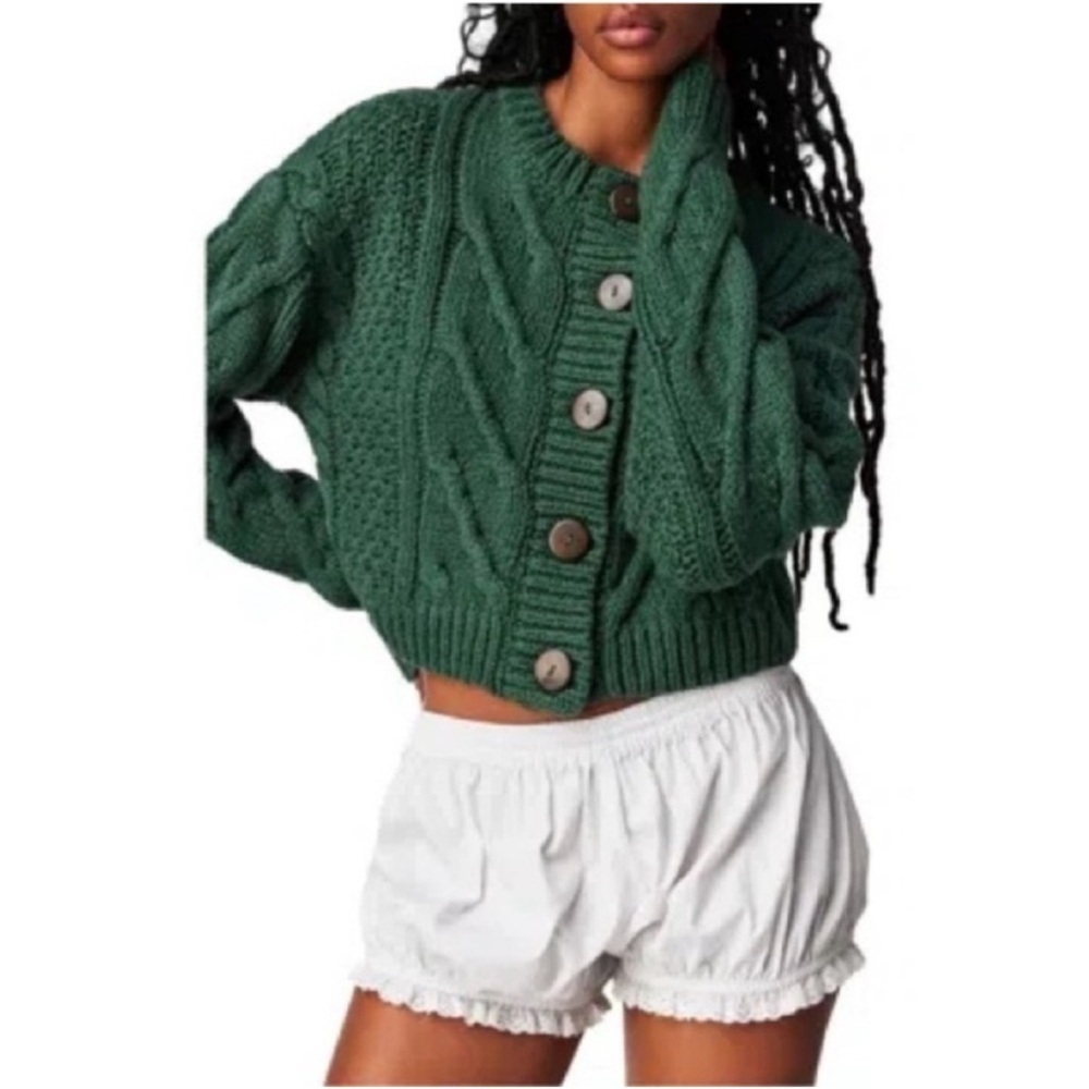 FREE PEOPLE Bonfire Cable Knit Cardigan in Black Forest - Picture 2 of 7